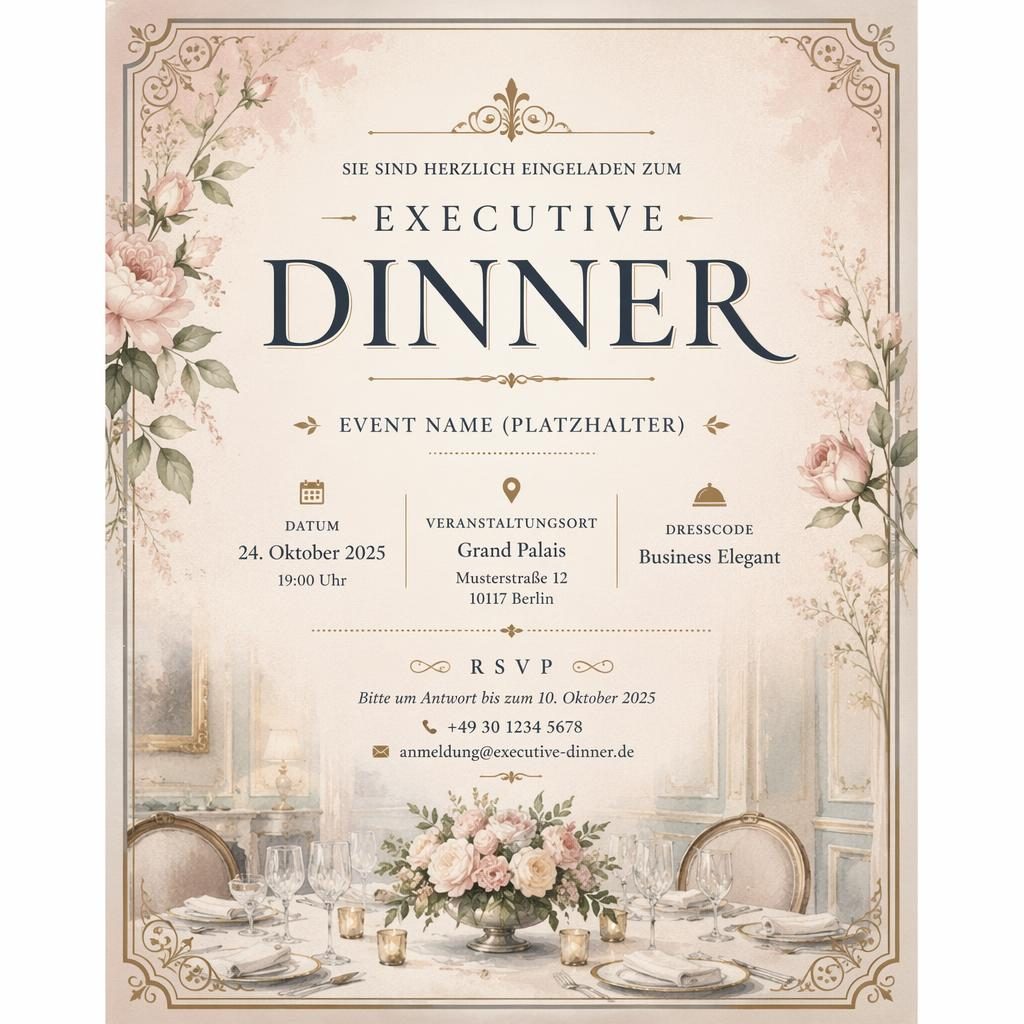 A5 Einladungskarte im Hochformat für Executive Dinner, vintage-klassisch in Pastelltönen mit eleganter Typografie