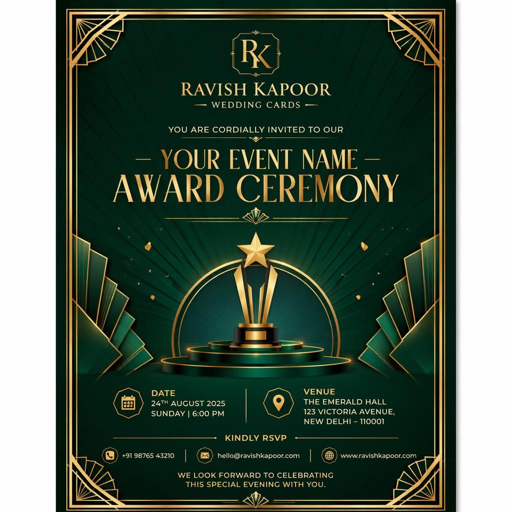 A5 portrait award ceremony invitation card in emerald and gold art deco style with elegant placeholder event details.