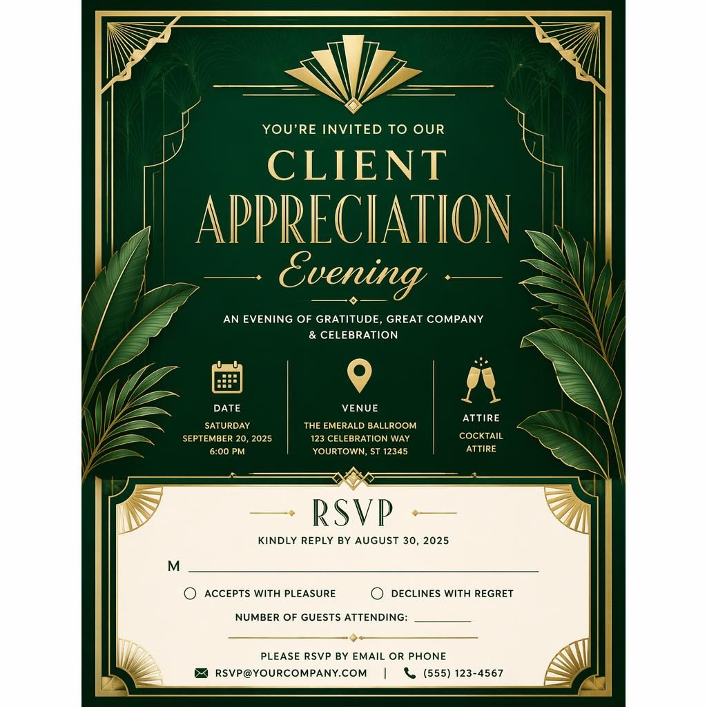 A5 portrait client appreciation invitation card in emerald and gold art deco style with elegant placeholder event details.