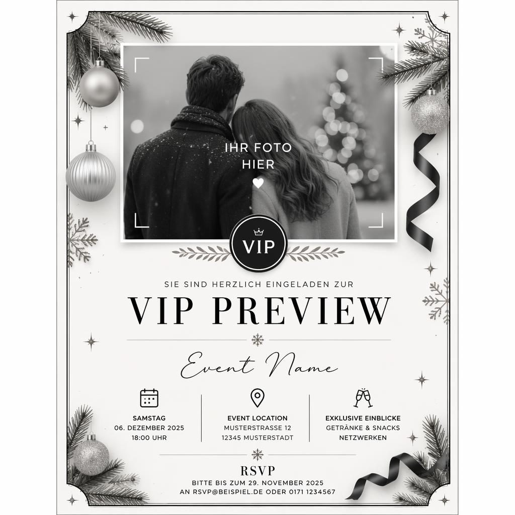 Print-ready event invitation card for: einladungskarten mit eigenem foto. Event kind: VIP preview. Style: holiday festiv
