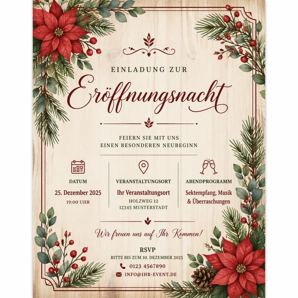 A5-Einladungskarte im Holzdesign mit botanischer Illustration in Rot und Grün, eleganter Typografie und Rahmen