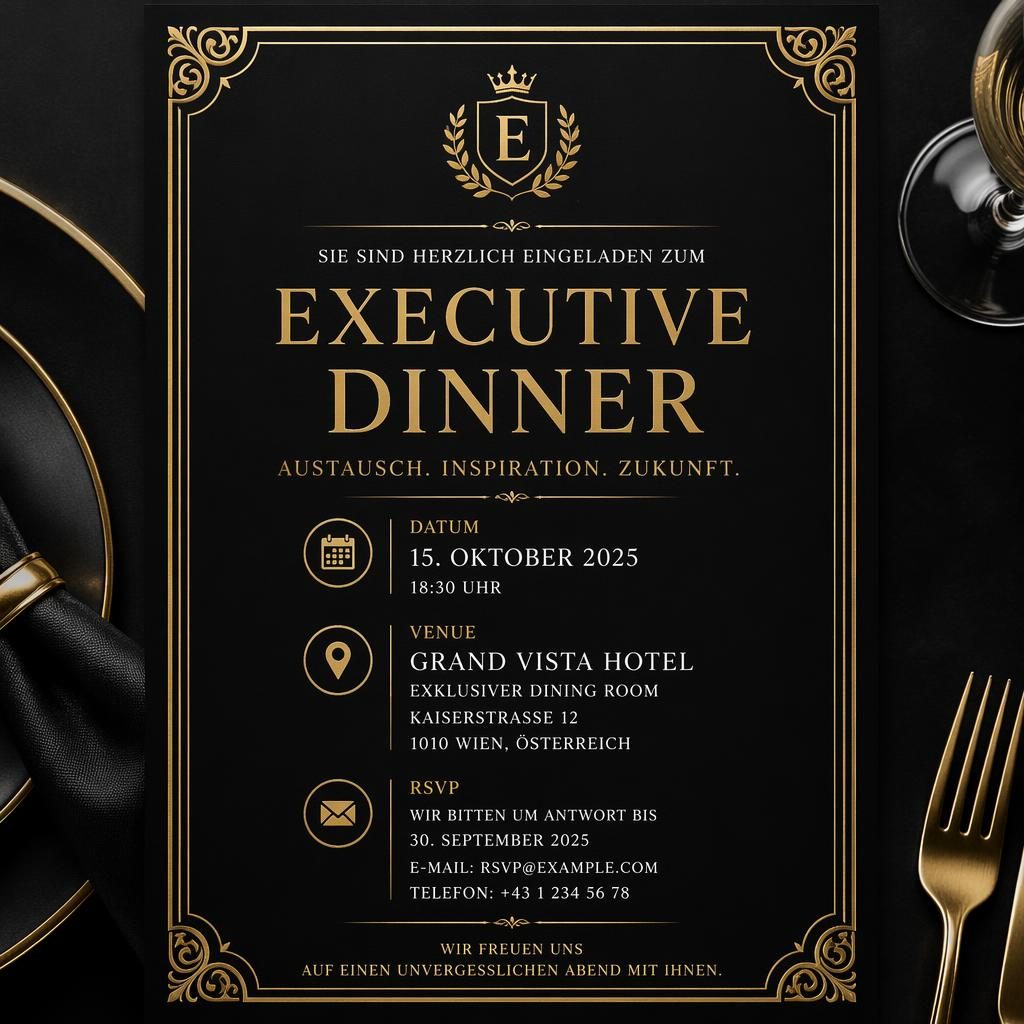A5-Einladungskarte im Hochformat für Executive Dinner, schwarz-goldenes Luxusdesign mit eleganter Typografie für Datum, Ort und RSVP.