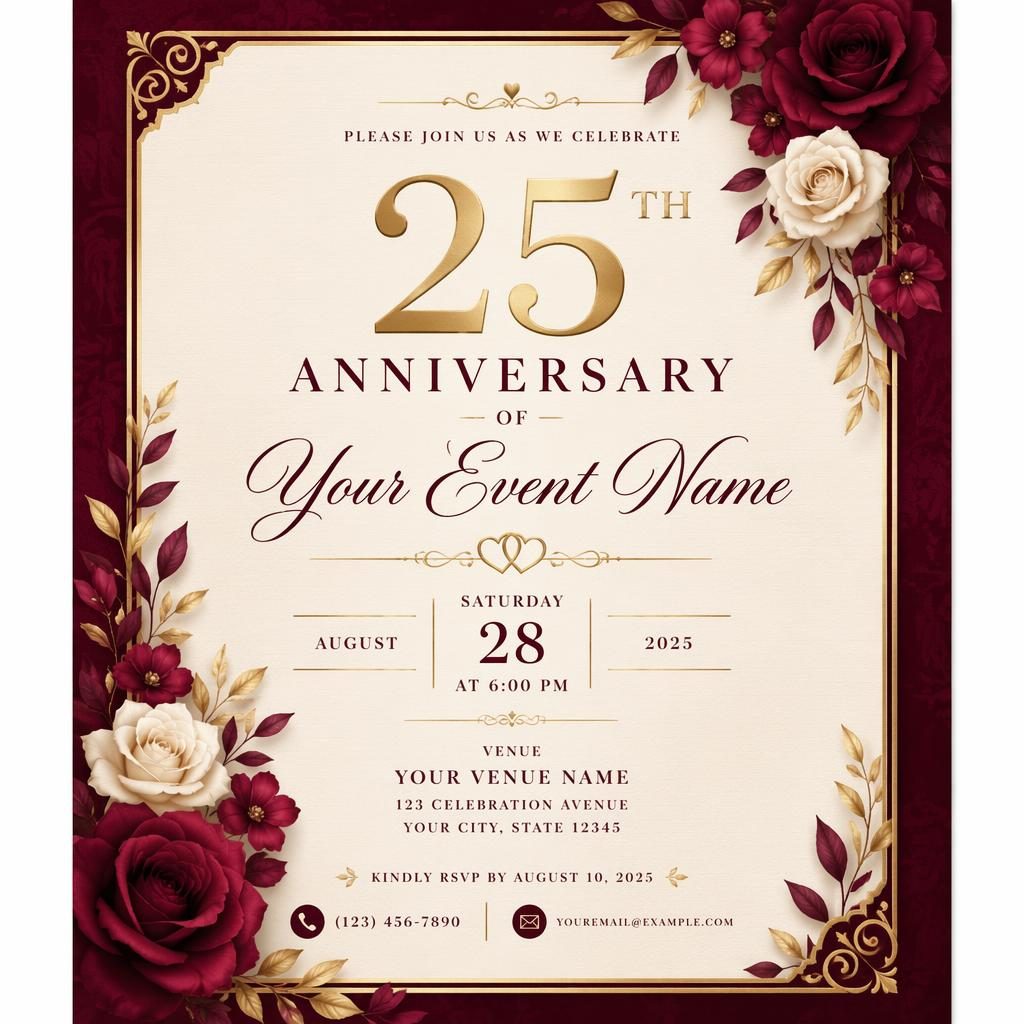 A5 portrait luxury anniversary invitation card in burgundy and cream with elegant typography for event name, date, venue, and RSVP.