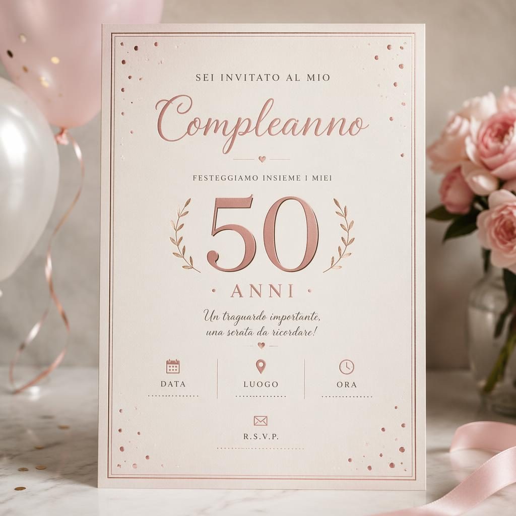 Biglietto invito compleanno aziendale A5 verticale con palloncini soft, coriandoli discreti, tipografia elegante e carta premium