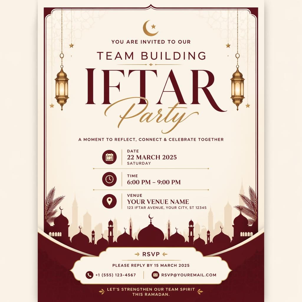 A5 portrait event invitation card with elegant typography, burgundy and cream palette, and RSVP, date, and venue placeholders.