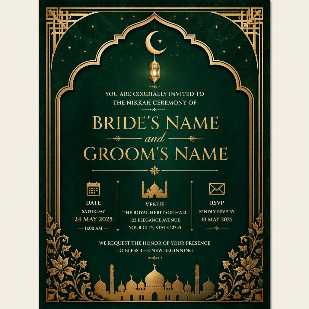 A5 portrait invitation card with vintage art deco emerald and gold frame, elegant placeholder typography for event details.