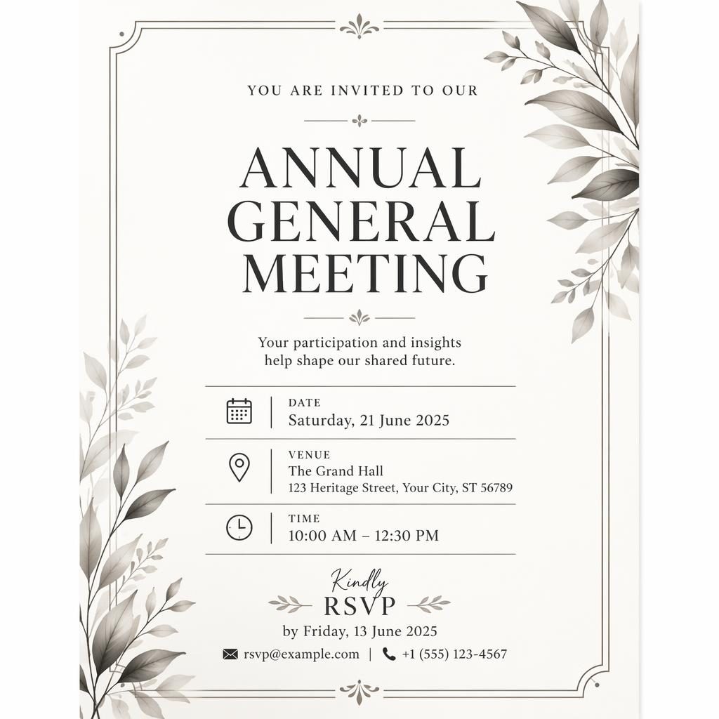 A5 portrait event invitation card with elegant typography, monochrome palette, and warm boutique framing for an annual general meeting.