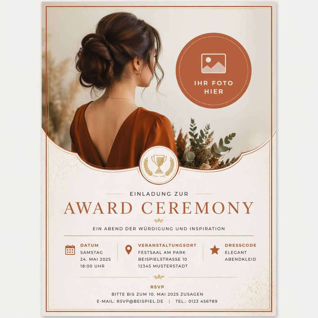 Moderne minimalistische A5-Einladungskarte in warmen Erd- und Rosttönen mit eleganter Typografie für Datum, Ort und RSVP.