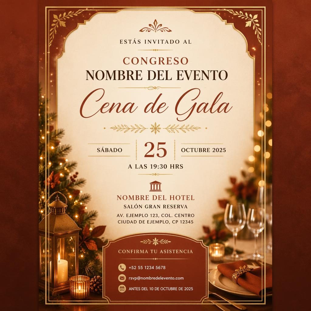 Tarjeta A5 vertical para invitacion congreso, cena de gala con tipografía elegante y paleta tierra cálida y óxido.