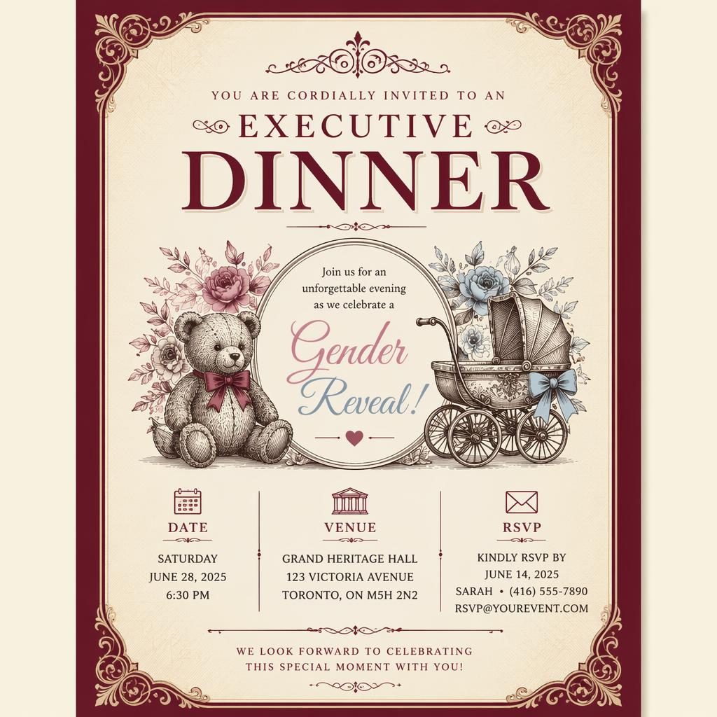 A5 portrait invitation card in vintage classic style with burgundy and cream colors, elegant typography, and framed RSVP details.