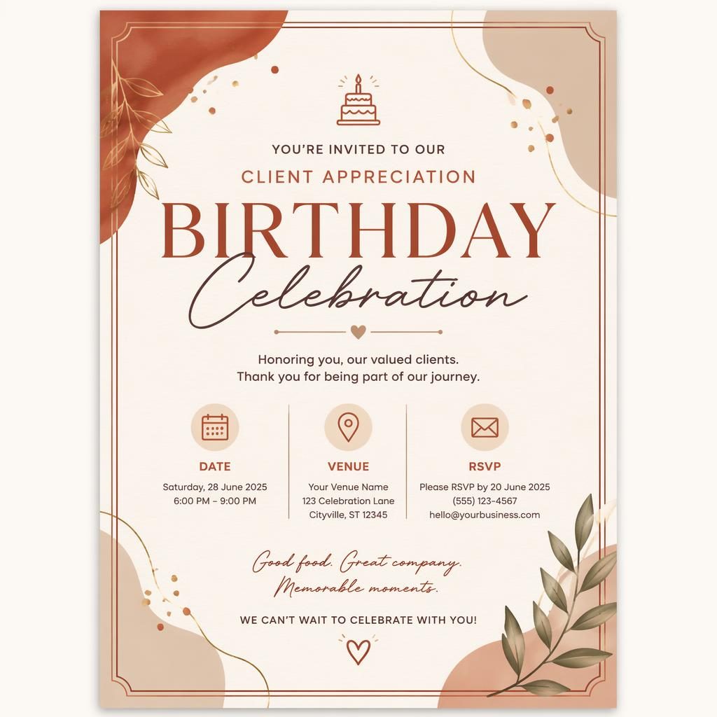 A5 portrait invitation card with elegant typography, warm earth and rust tones, and placeholder event date, venue, and RSVP.