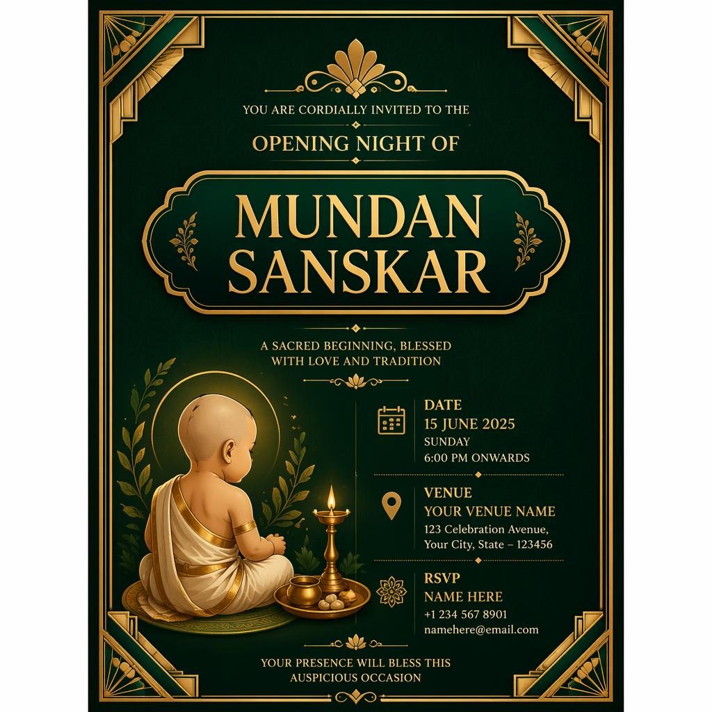 A5 portrait invitation card with emerald and gold art deco frame, elegant placeholder event details, and festive styling.