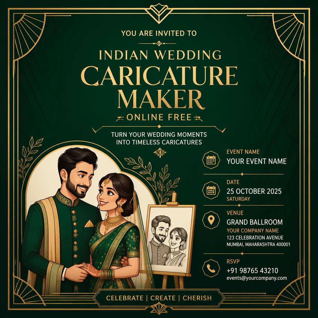 A5 portrait wedding invitation card in emerald and gold art deco style with elegant placeholder name, date, venue, and RSVP.