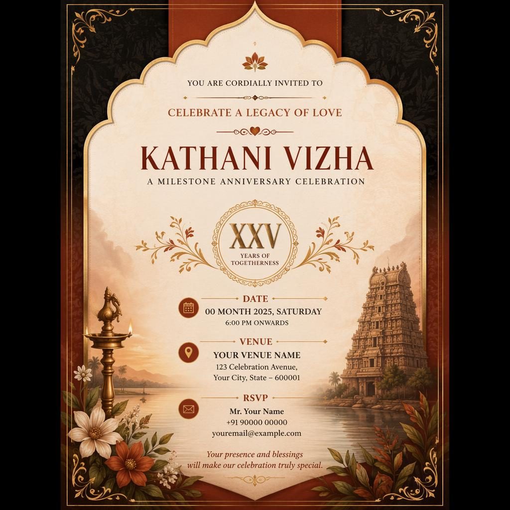 A5 portrait event invitation card with elegant typography, warm earth and rust tones, formal framing, and readable date venue RSVP placeholders.
