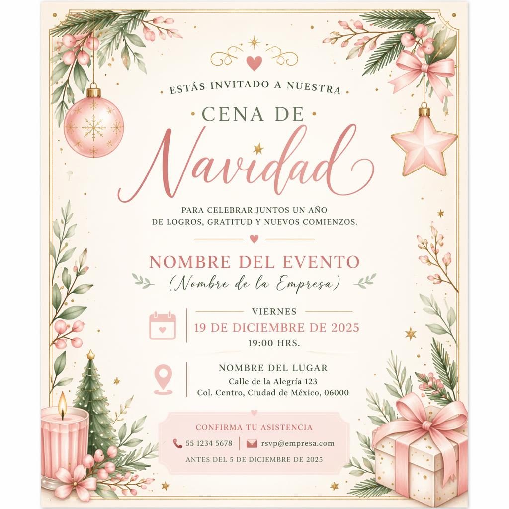 Tarjeta A5 vertical para invitacion a la cena de navidad, tipografía elegante, marco sutil y paleta pastel romántica.
