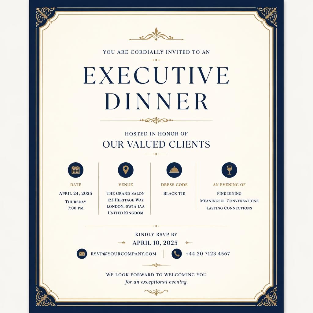 Carte d’invitation client A5 en portrait, style black-tie crème et bleu marine, avec typographie élégante pour date, lieu et RSVP.