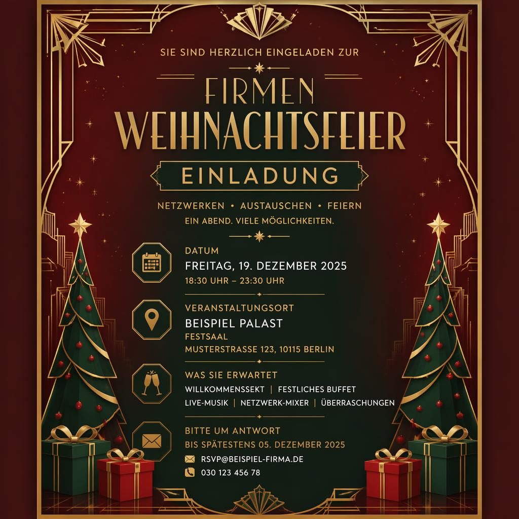 A5-Einladungskarte im Art-Déco-Stil in Rot und Grün mit eleganter Typografie für Eventname, Datum, Ort und RSVP.