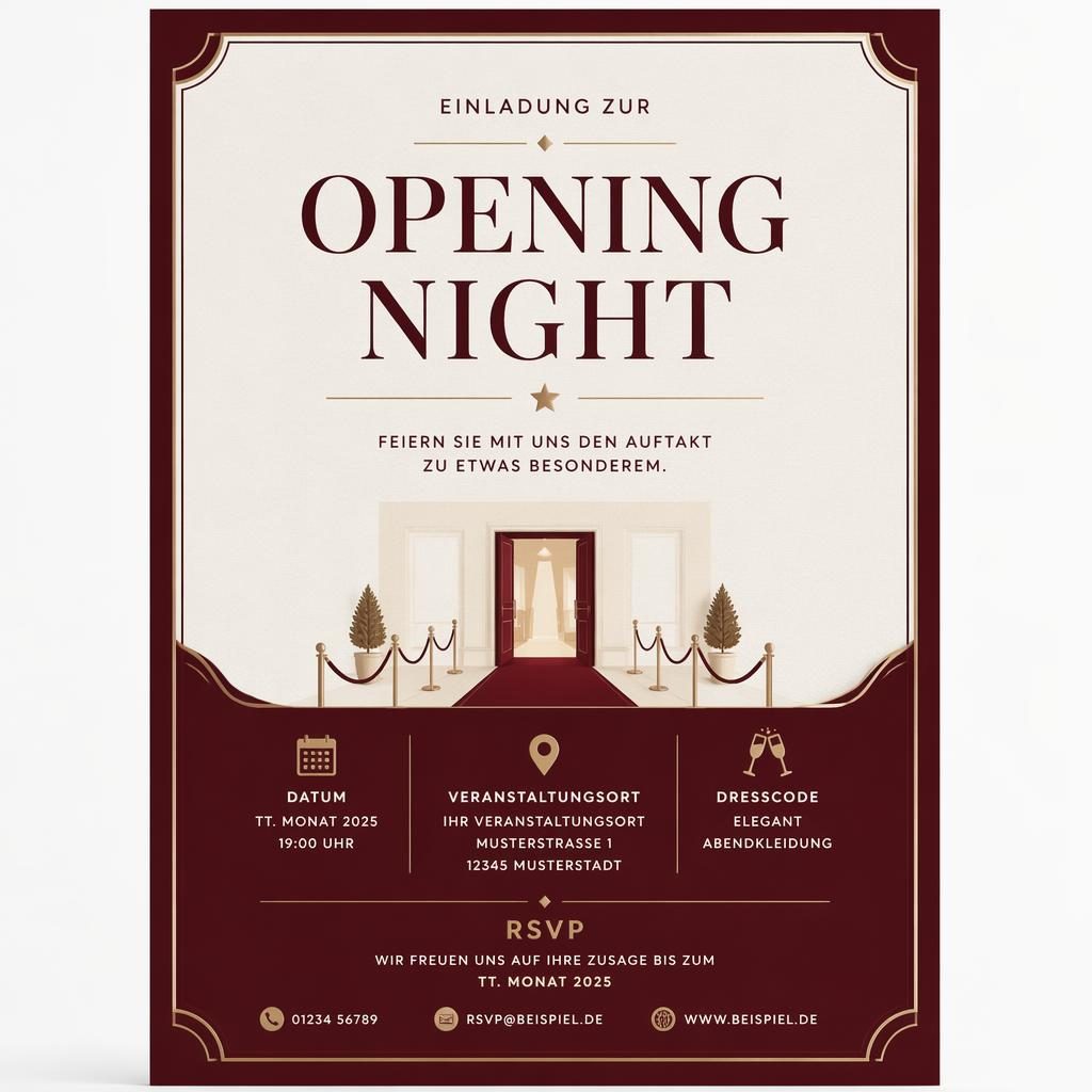 A5-Einladungskarte in Bordeaux und Creme mit eleganter Typografie für Eventname, Datum, Venue und RSVP
