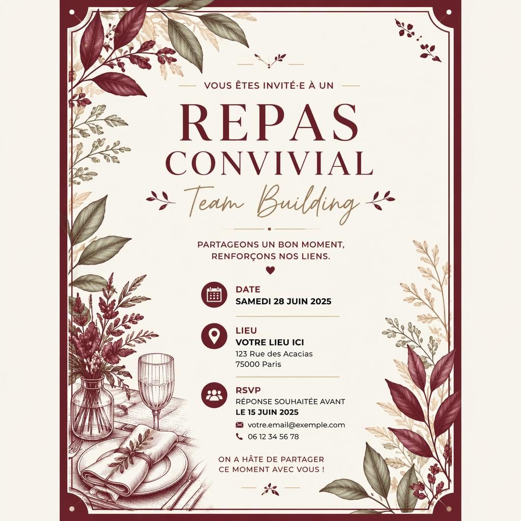 Carte d’invitation A5 portrait illustrée de motifs botaniques bordeaux et crème, avec typographie élégante pour nom, date, lieu et RSVP.