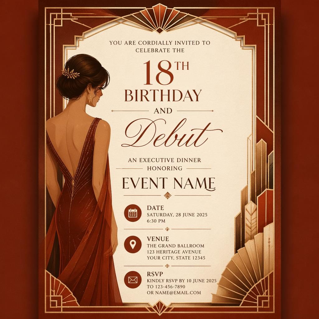 A5 portrait debut invitation card with art deco framing, warm earth and rust tones, and elegant placeholder typography.