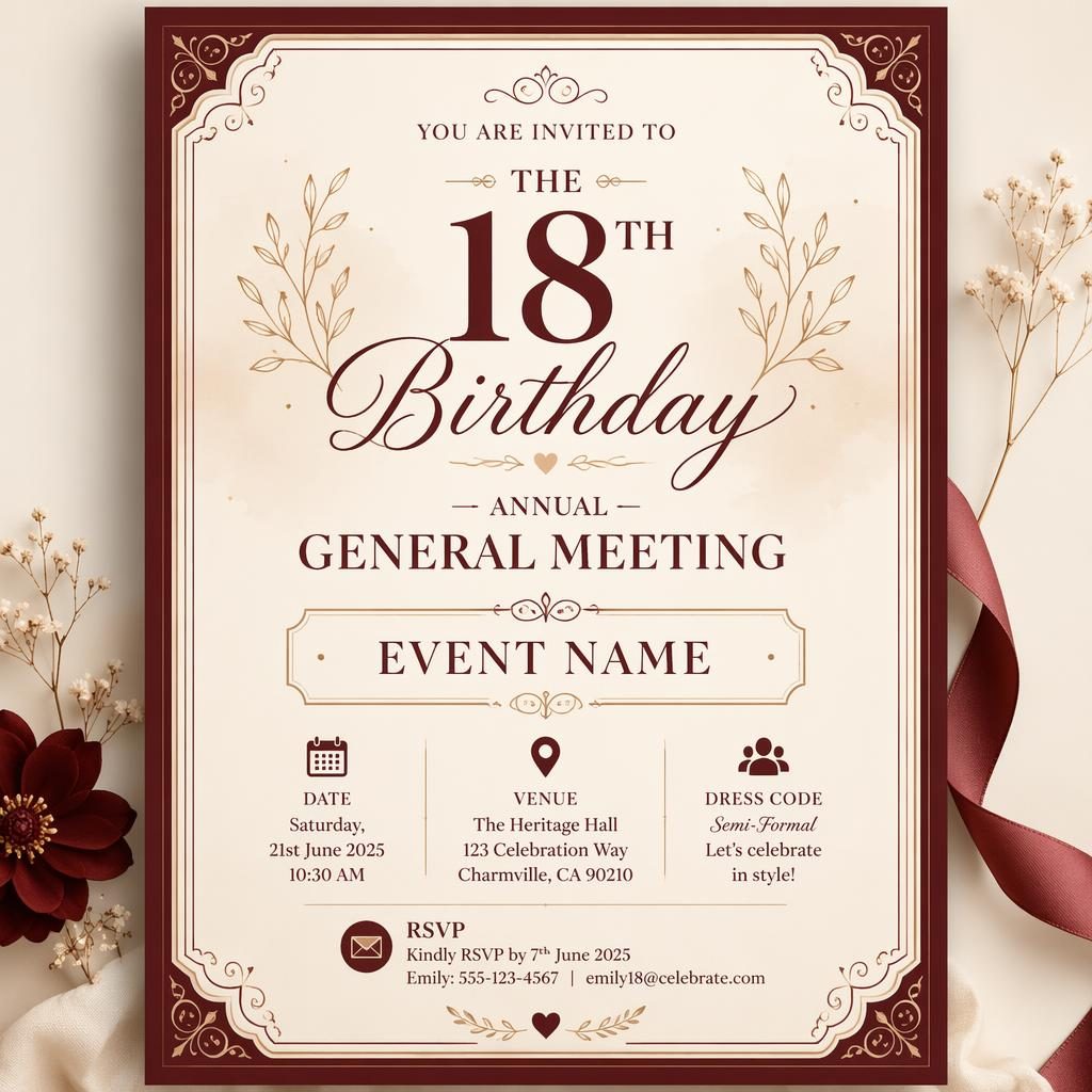 A5 portrait invitation card in burgundy and cream with elegant typography for event name, date, venue, and RSVP details.