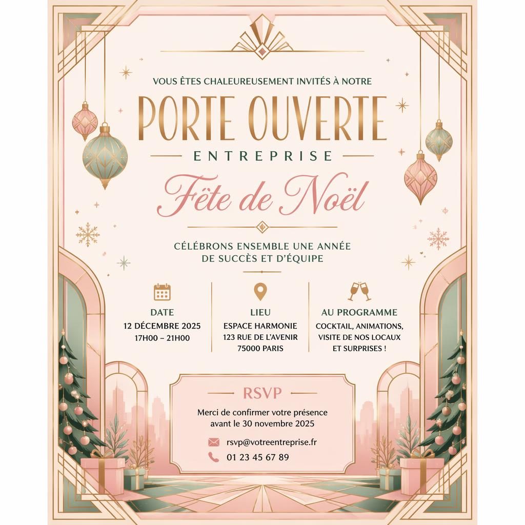 Carte d’invitation A5 portrait art déco pastel pour fête de Noël d’entreprise, avec typographie élégante et cadre raffiné.