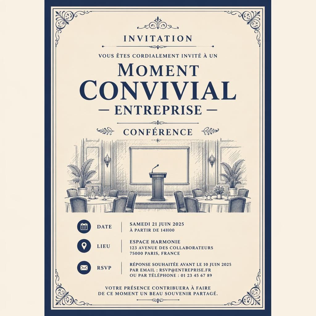 Carte d’invitation A5 portrait vintage crème et bleu marine, typographie élégante avec date, lieu et RSVP lisibles.