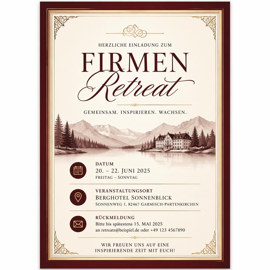 Elegante A5-Einladungskarte im Hochformat in Bordeaux und Creme mit formaler Typografie, Rahmen und RSVP-Platzhaltern