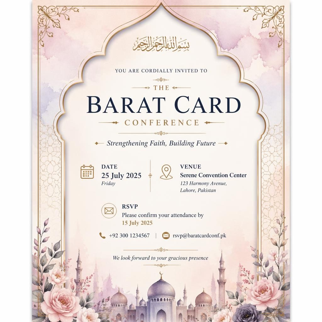 A5 portrait conference invitation card in a black-tie formal style with pastel romantic colors and elegant readable typography.