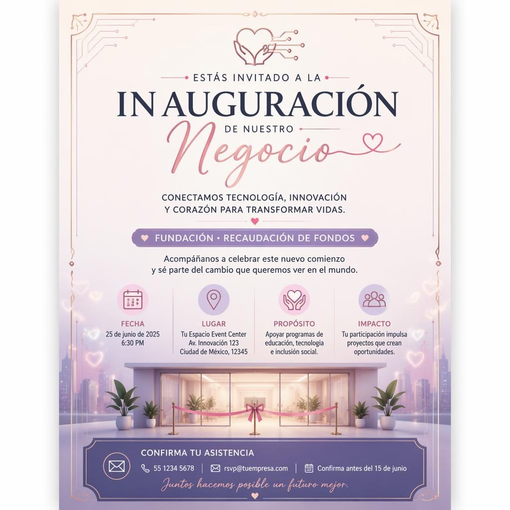 Tarjeta A5 vertical de invitación para inauguración, diseño tech elegante en tonos pastel con tipografía refinada y marco sutil.
