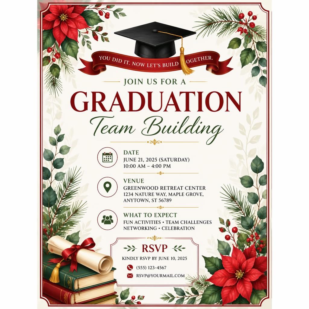A5 portrait invitation card with botanical illustrations in red and green, elegant typography, and placeholder date, venue, and RSVP details.