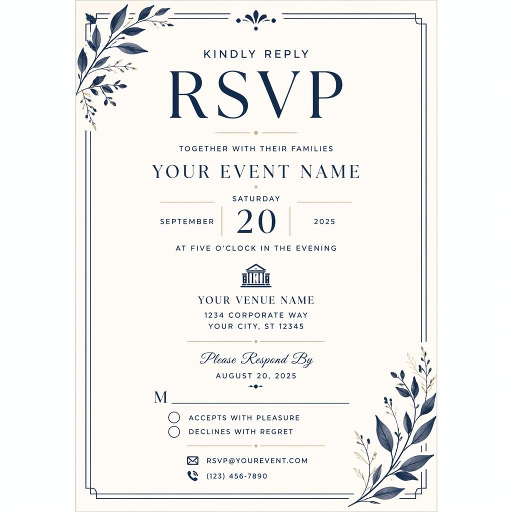 A5 portrait wedding RSVP invitation card in cream and navy with elegant typography, framed layout, and readable placeholder details.