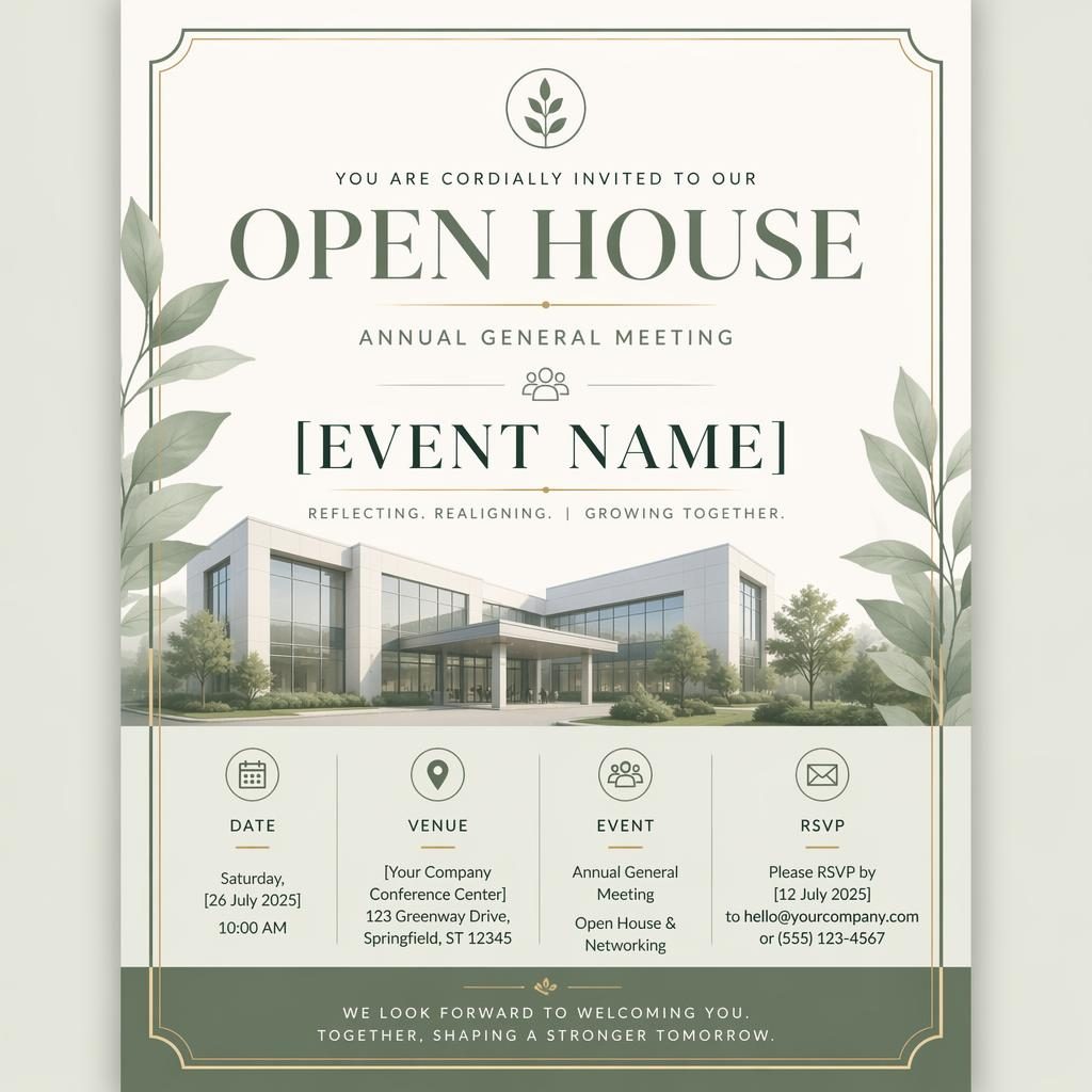 A5 portrait corporate invitation card in sage and ivory with elegant typography placeholders for event name, date, venue, and RSVP.