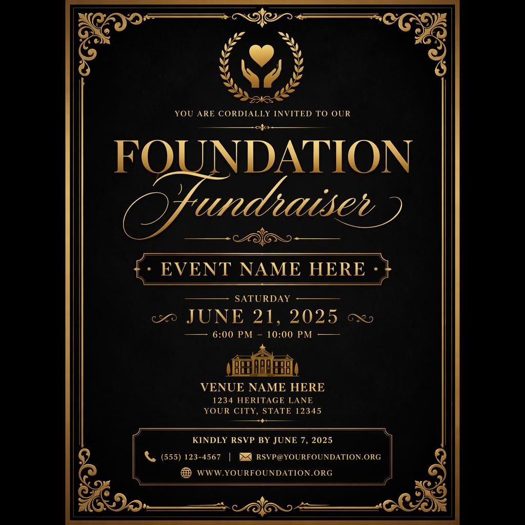 A5 portrait vintage classic fundraiser invitation card in black and gold with elegant typography for event name, date, venue, and RSVP.