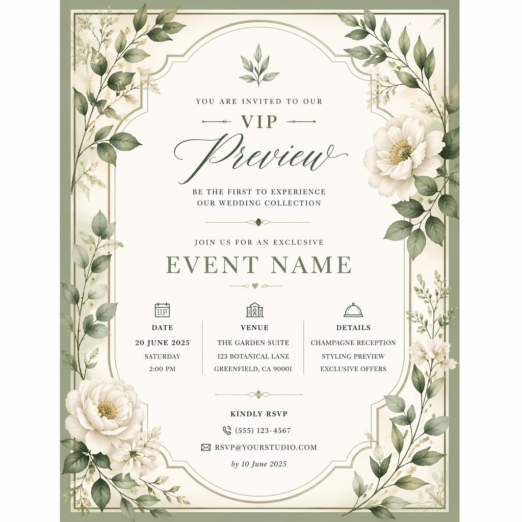A5 portrait event invitation card with botanical illustrations in sage and ivory, elegant placeholder typography, and framed layout.