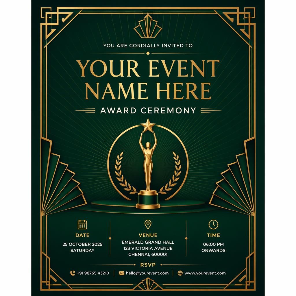 A5 portrait award ceremony invitation card in emerald and gold with art deco accents and elegant placeholder event details.