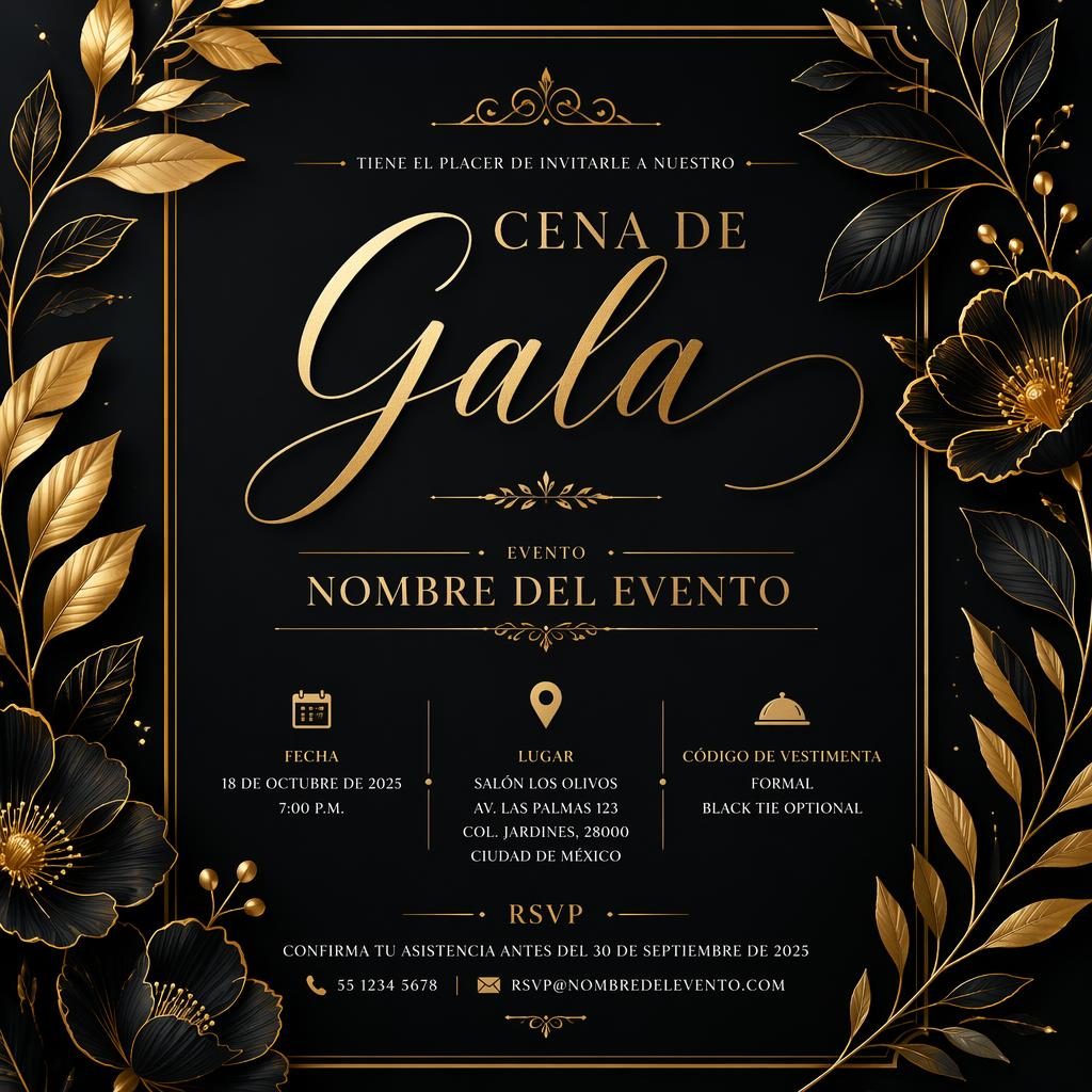 Tarjeta A5 vertical de cena de gala con ilustración botánica en negro y dorado y tipografía elegante para fecha, lugar y RSVP.