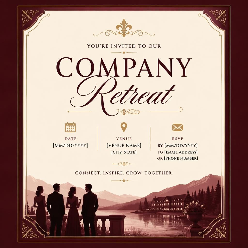 A5 portrait company retreat invitation card in burgundy and cream with elegant black-tie typography and RSVP placeholders.