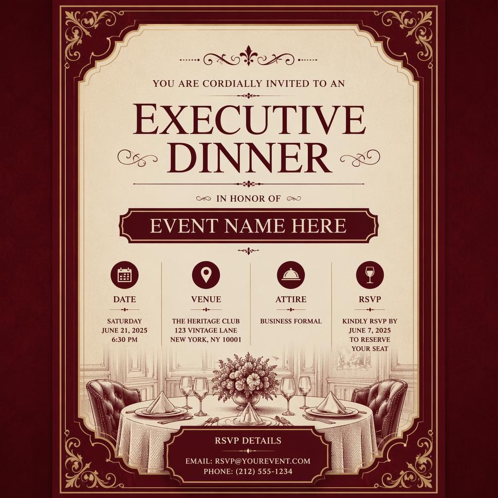 A5 portrait vintage classic executive dinner invitation card in burgundy and cream with elegant typography and framed layout