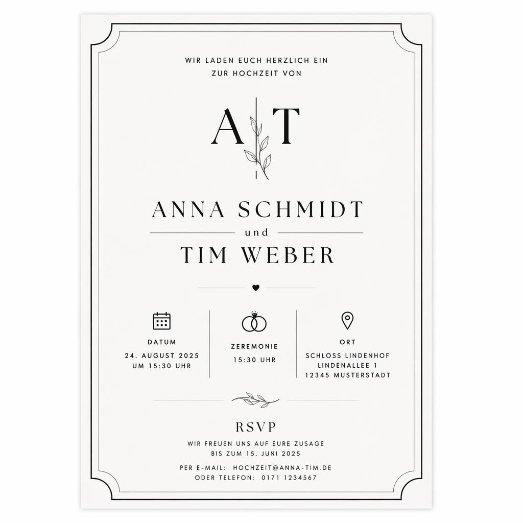 A5-Hochzeitseinladung im Hochformat mit monochromem Minimaldesign und eleganter Typografie für Name, Datum, Ort und RSVP.