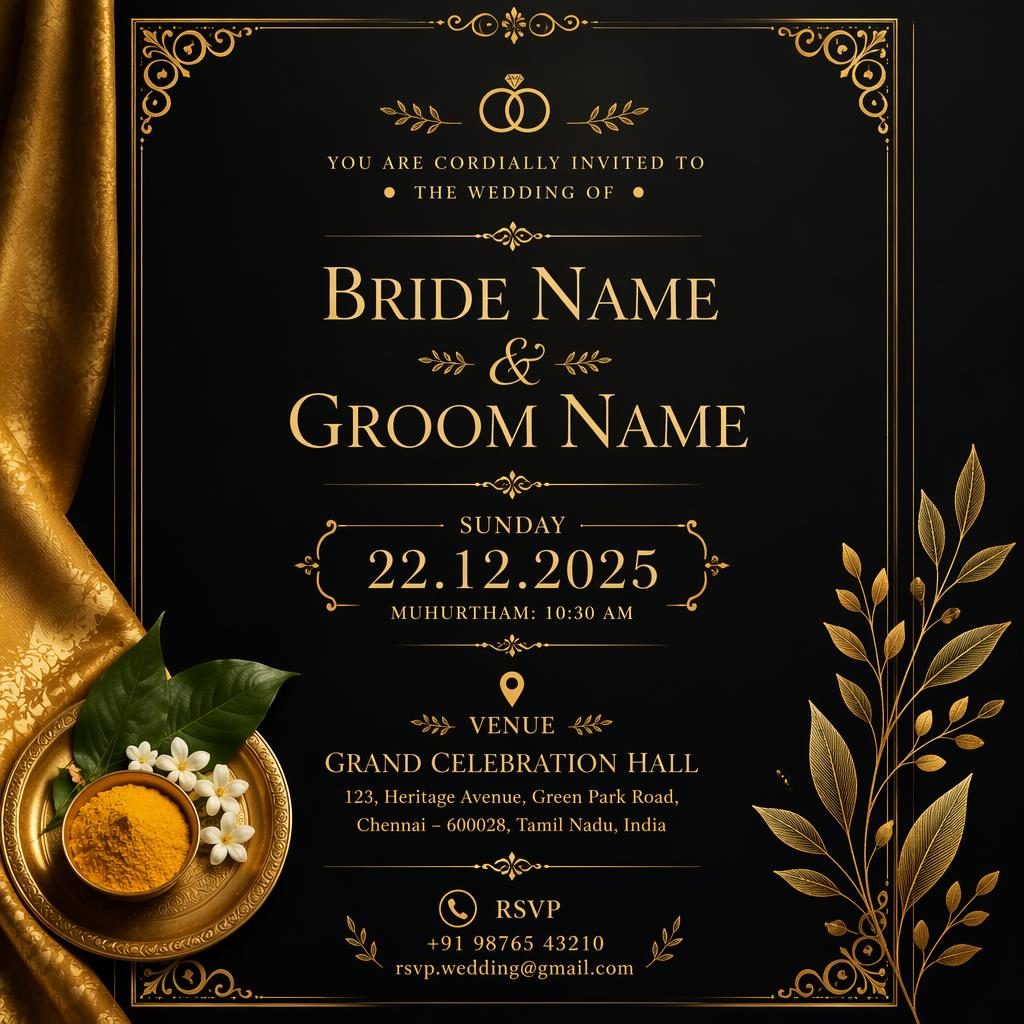 A5 portrait wedding invitation card in black and gold with elegant typography for event name, date, venue, and RSVP.