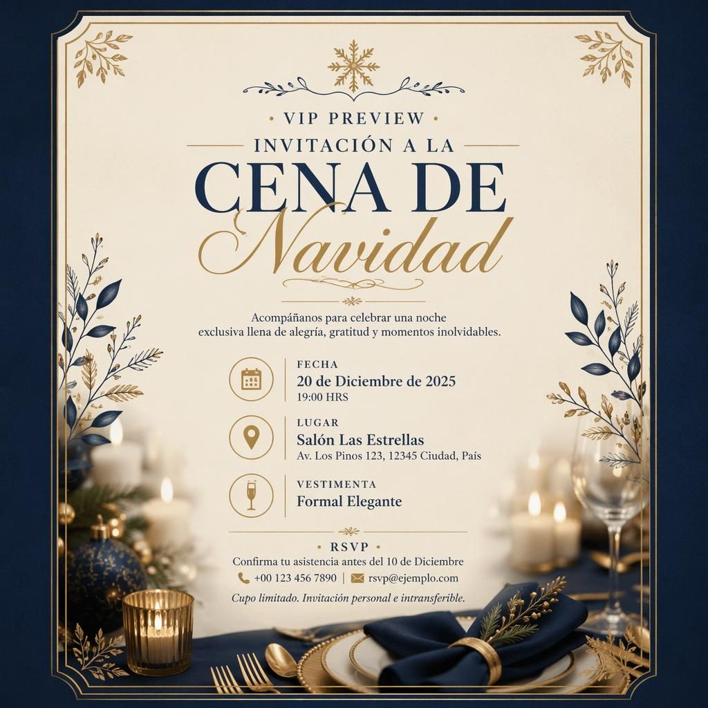 Tarjeta A5 vertical de invitacion a la cena de navidad en crema y azul marino con tipografía elegante y marco sutil.