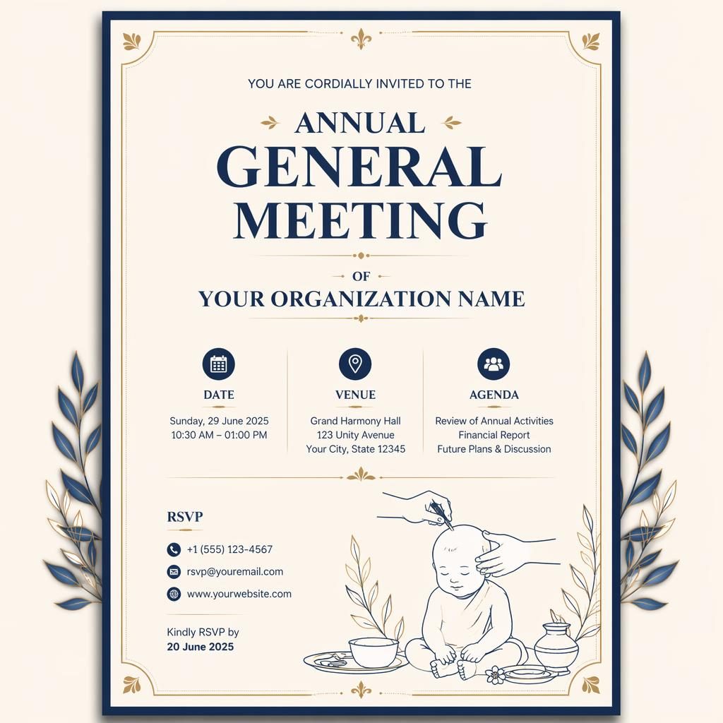 A5 portrait invitation card in cream and navy with elegant placeholder typography for event name, date, venue, and RSVP.