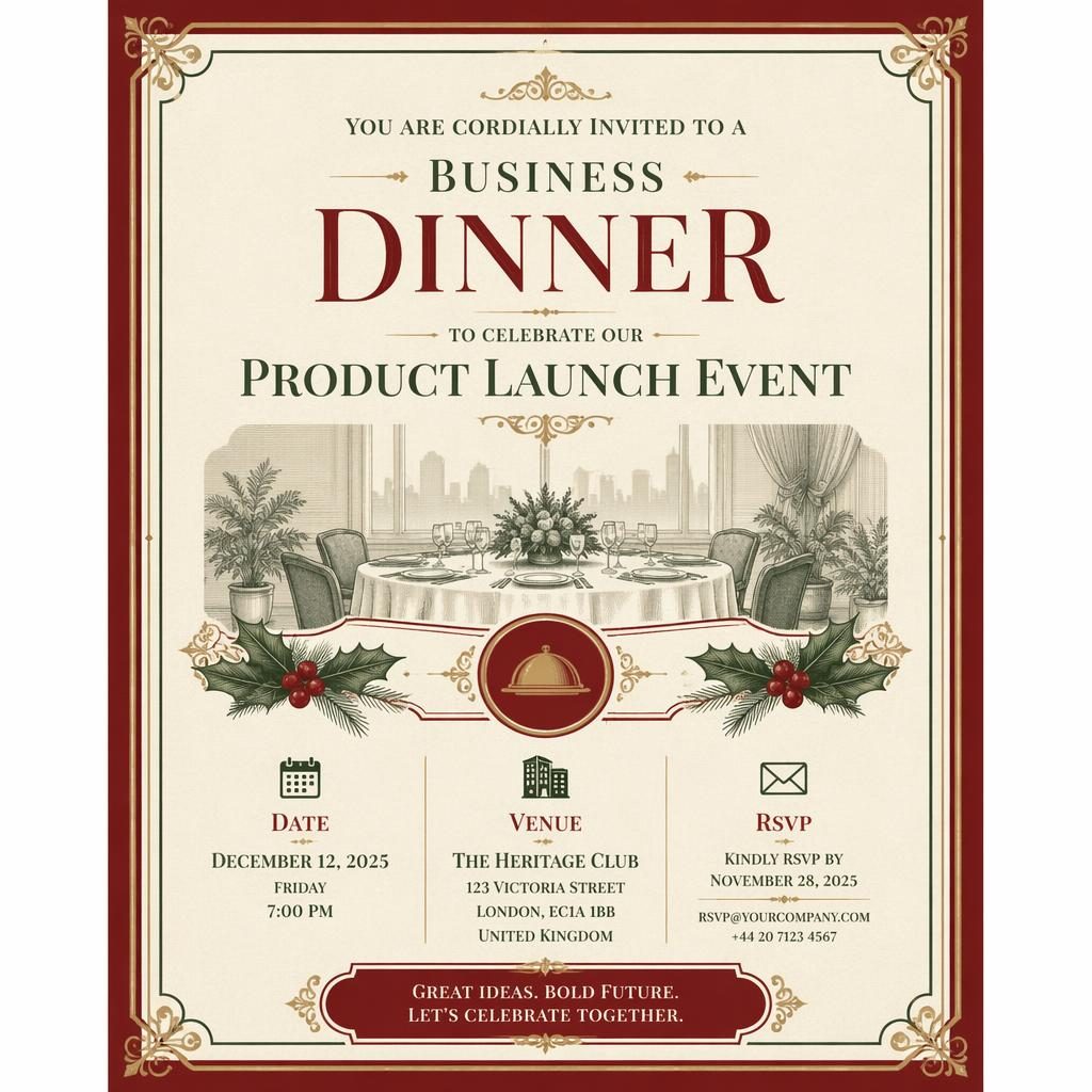 A5 portrait event invitation card in vintage classic style with red and green palette, elegant typography, and framed RSVP details.
