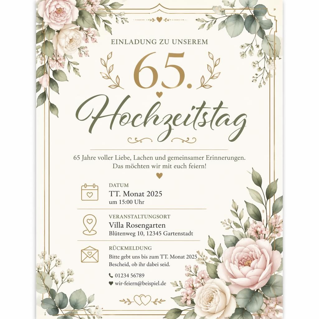 A5-Hochformat-Einladungskarte mit botanischen Illustrationen in Pastelltönen und eleganter Typografie für Anlassdetails