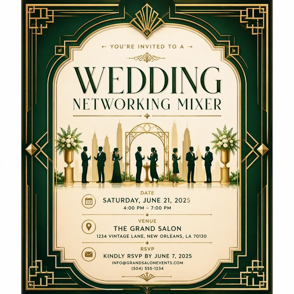 A5 portrait invitation card with vintage Art Deco emerald and gold frame, elegant placeholder typography for event name, date, venue, and RSVP.