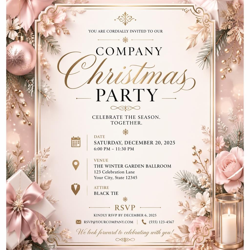 A5 portrait company christmas party invitation card with elegant typography, pastel romantic palette, formal black-tie styling.