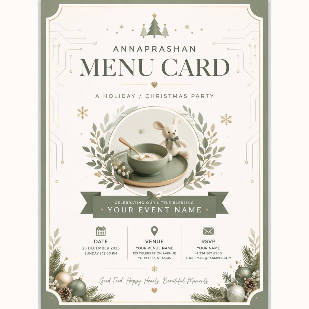 A5 portrait invitation card with sage and ivory palette, elegant typography, tasteful frame, and sleek tech-style layout.