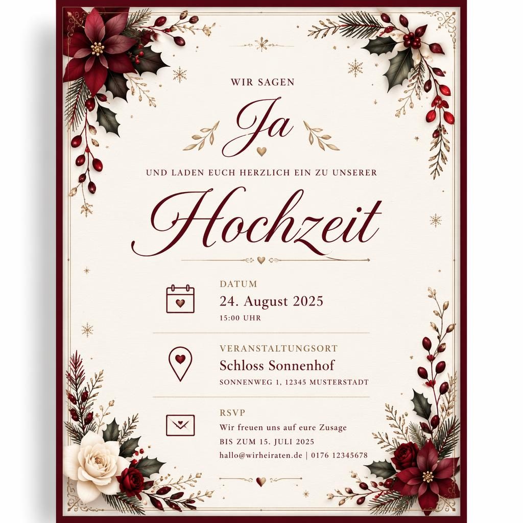 A5-Einladungskarte in Bordeaux und Creme mit eleganter Typografie für Eventname, Datum, Ort und RSVP, festlich gerahmt
