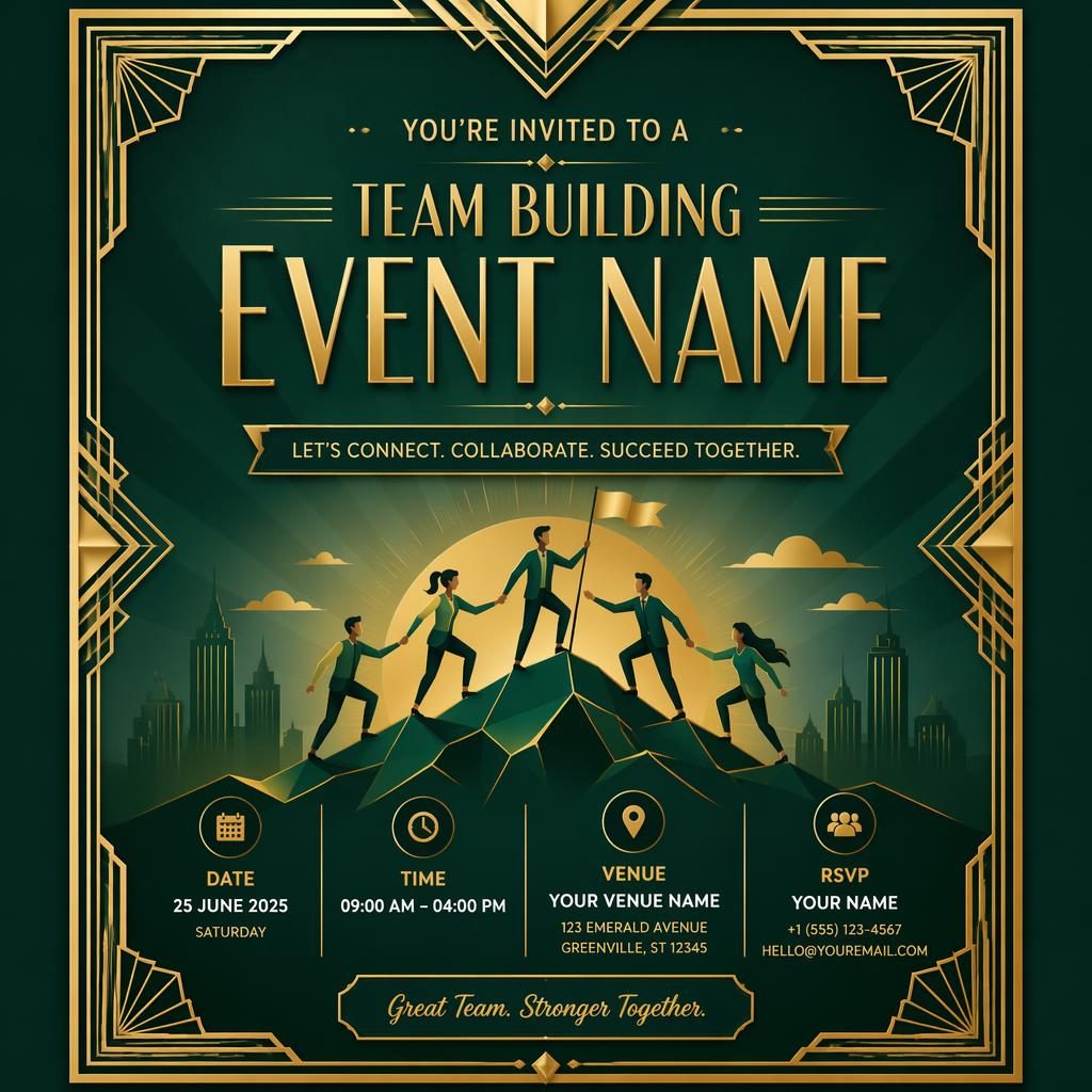 A5 portrait team building invitation card in emerald and gold art deco style with elegant placeholder event details.